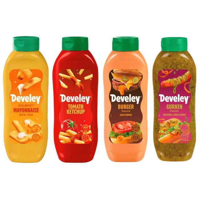 develey-set-ketchup-gourmet-mayonnaise-gurken-relish-burger-sauce-4x875-ml image 1