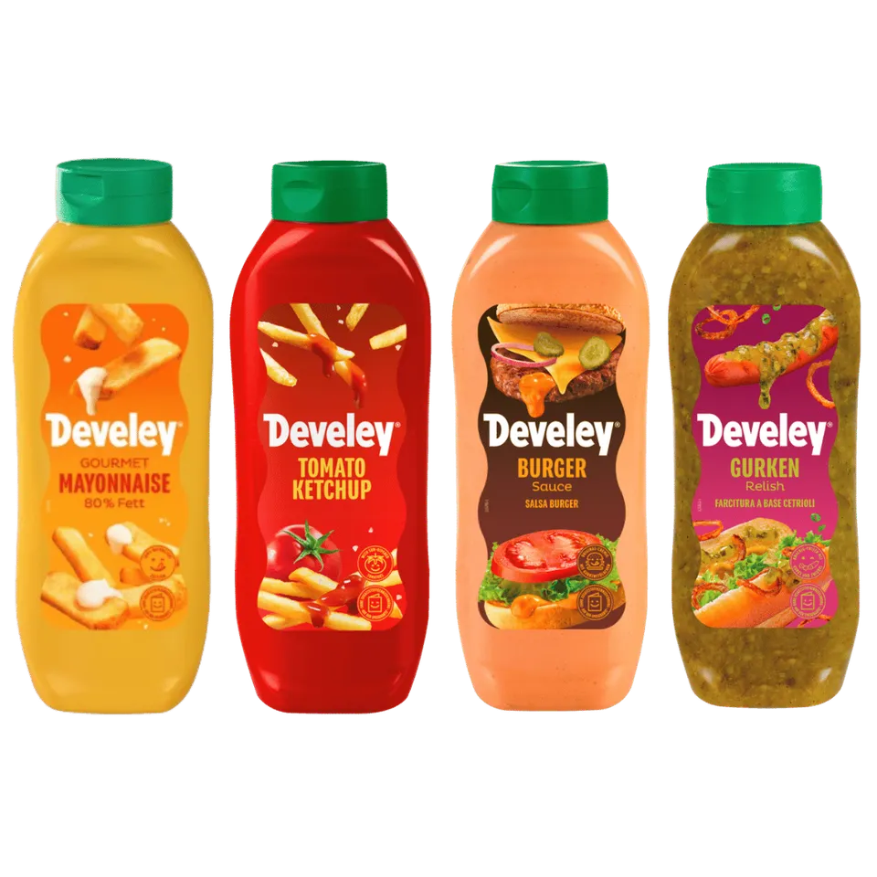 develey-set-ketchup-gourmet-mayonnaise-gurken-relish-burger-sauce-4x875-ml image 1
