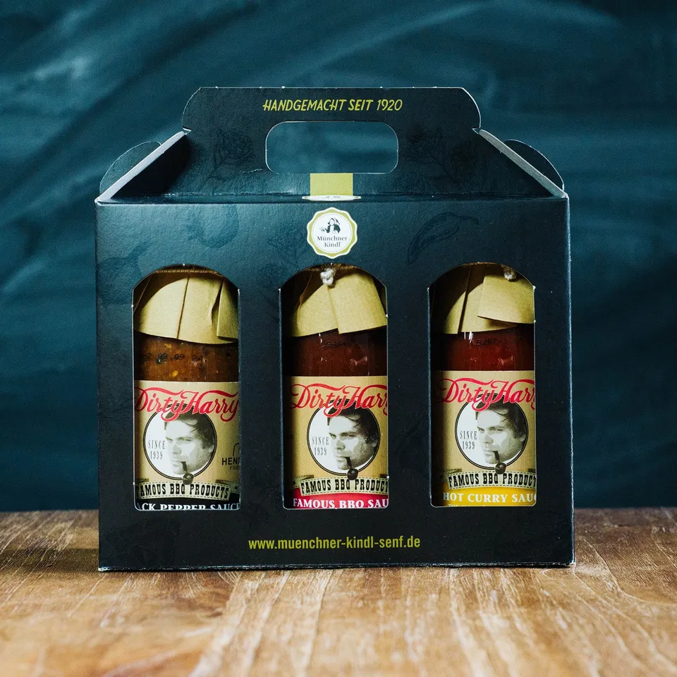 m-nchner-kindl-senf-dirtyharry-bio-saucen-geschenkset-schwarz-3x-250ml-bbq-curry image 1