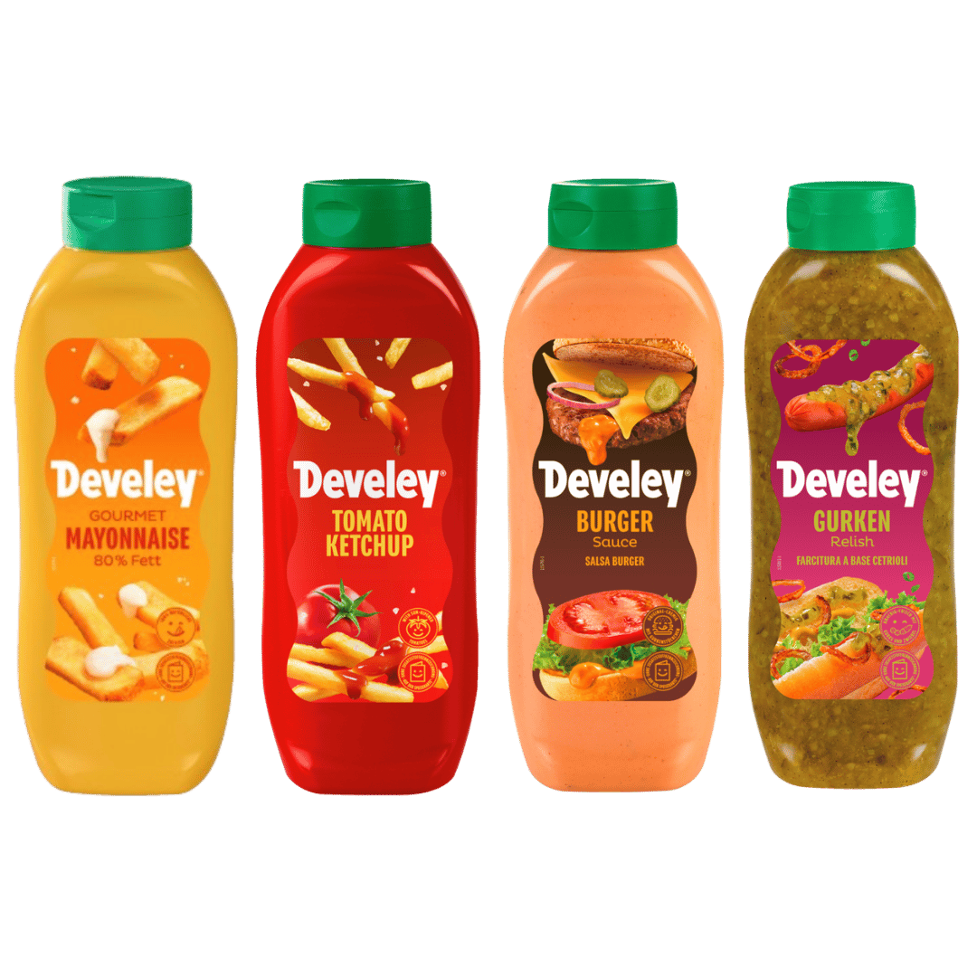 develey-set-ketchup-gourmet-mayonnaise-gurken-relish-burger-sauce-4x875-ml image 1