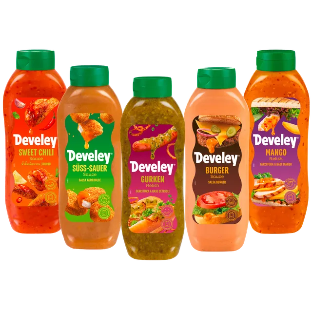 develey-b2b-set-5x-875-ml-mit-sweet-chili-s-sauer-gurken-relish-burger-mango-rel image 1
