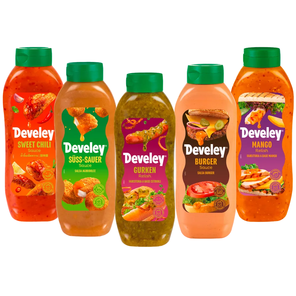 develey-b2b-set-5x-875-ml-mit-sweet-chili-s-sauer-gurken-relish-burger-mango-rel image 1